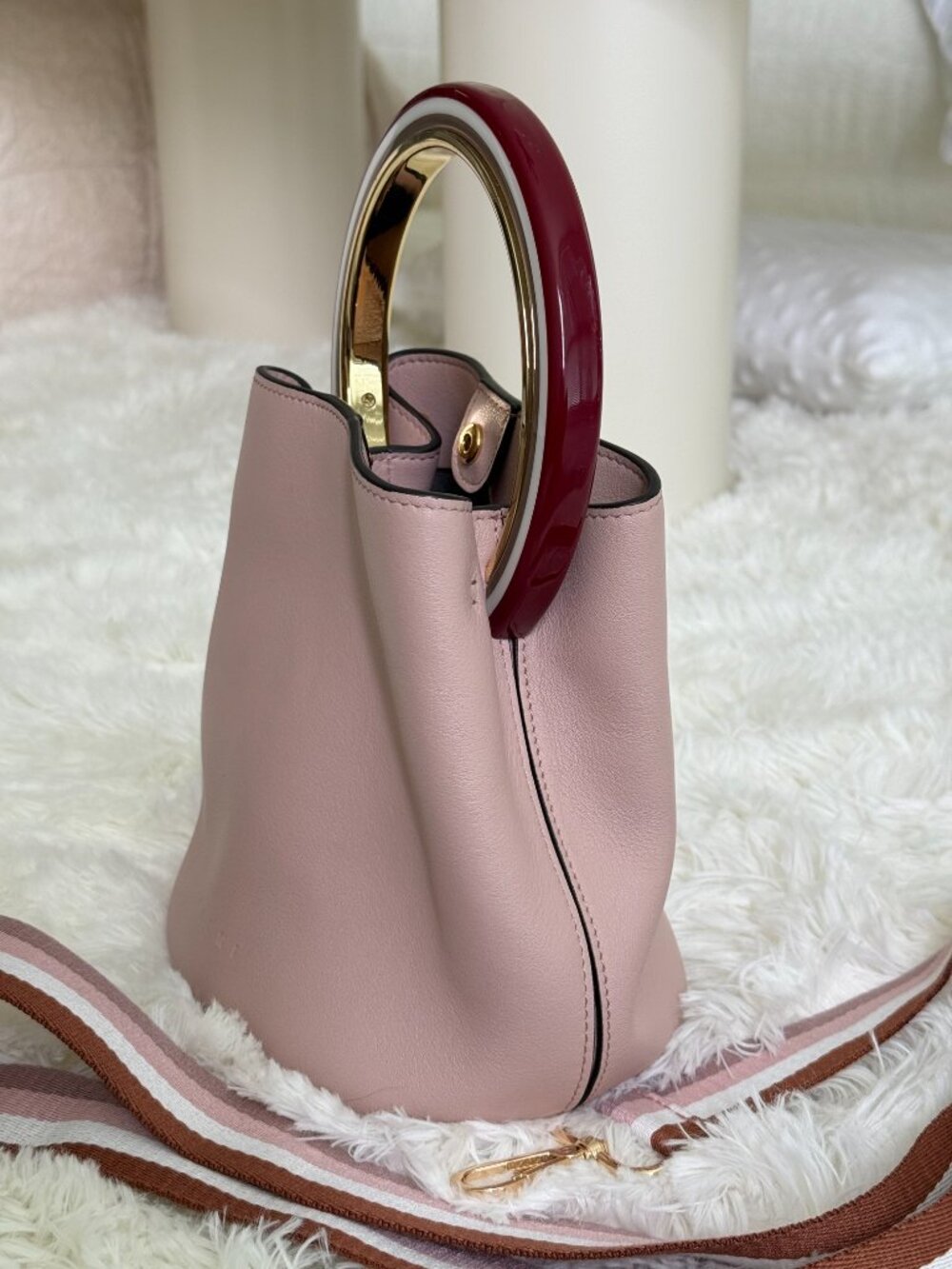 Marni Mini Bucket Bag Pink | Gold Ring Handle | Excellent + Bonus Strap - Picture 6 of 13